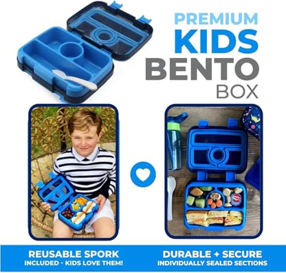 kinsho Kids Lunch Box - Bento Box for Boys Toddler Daycare, 4 Portion Sections with Lid, Snack Container Pre-School Kid Lunches Toddlers Removable Tray BPA Free, 3+ Years Old, Blue Rocket Dinosaur - color: Blue Rocket Dinosaur Bento