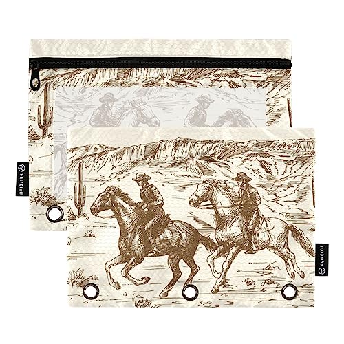 Fisyme Western Desert Cowboy Pencil Pouch for 3 Ring Binder Pencil Case Pencil Bag Zipper Pouch with Clear Window for Office Supplies, 2 Pack - color: Multi-14