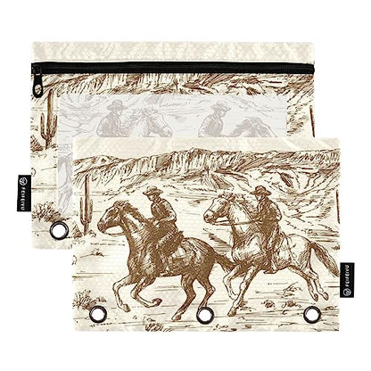 Fisyme Western Desert Cowboy Pencil Pouch for 3 Ring Binder Pencil Case Pencil Bag Zipper Pouch with Clear Window for Office Supplies, 2 Pack - color: Multi-14