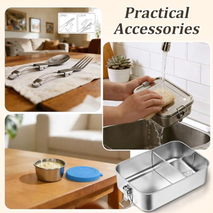 Qtencas Stainless Steel Lunch Box for Kids, 28oz / 0.85L Bento Box for Kids | Stainless Steel Lunch Bento Box with Leakproof Condiment Containers, Natural Loofah Dishwashing Sponge and Foldable Sporks - size: 28oz