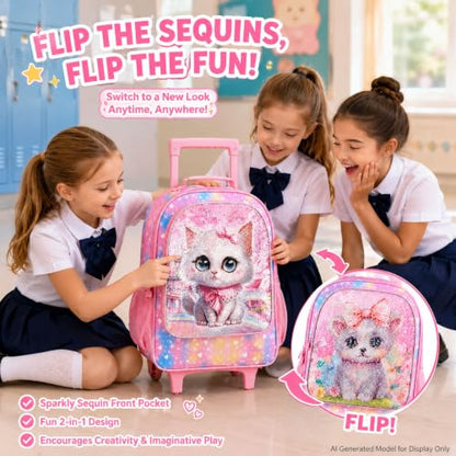 CCJPX 3PCS Rolling Backpack for Girls, Kids Cat Roller Wheels School Bookbag with Lunch Bag, Wheeled School Bag for Toddler Elementary Children - color: Pink Cat