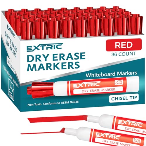 EXTRIC Red Dry Erase Markers 36 PK Whiteboard Marker Bulk Chisel Tip | Use: Whiteboards and Glass Boards, Color: Vivid Red Ink, Tip Style: Chisel Tip, Feature: Low-Odor, Quick Drying - color: Red, size: 1 Count (Pack of 36)
