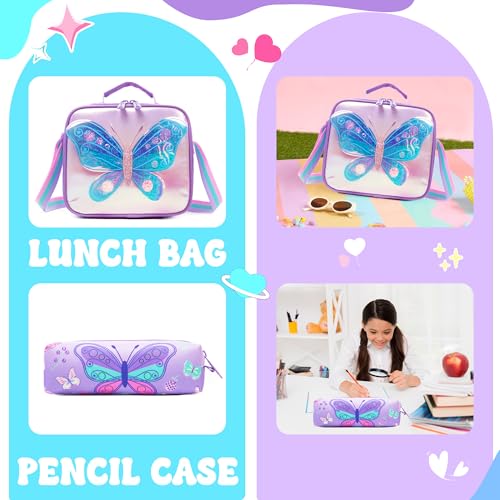 Girls Rolling Backpack with Wheels for Kids 3D Butterfly School Roller Backpack,Carry on Travel Luggage with Lunch Bag and Pencil Case for Girls Ages 5-12 - color: 01 Butterfly