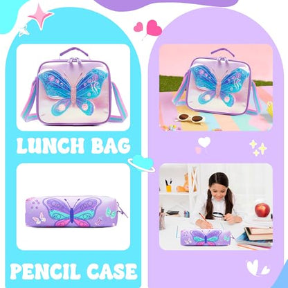 Girls Rolling Backpack with Wheels for Kids 3D Butterfly School Roller Backpack,Carry on Travel Luggage with Lunch Bag and Pencil Case for Girls Ages 5-12 - color: 01 Butterfly