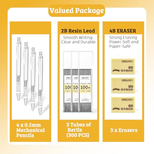 deli 0.5mm Mechanical Pencil Set, 3 PCS White Mechanical Pencils with 300PCS HB Leads & 3 Erasers, Aesthetic School Supplies for Art, Drafting, Writing, Students