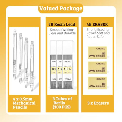 deli 0.5mm Mechanical Pencil Set, 3 PCS White Mechanical Pencils with 300PCS HB Leads & 3 Erasers, Aesthetic School Supplies for Art, Drafting, Writing, Students