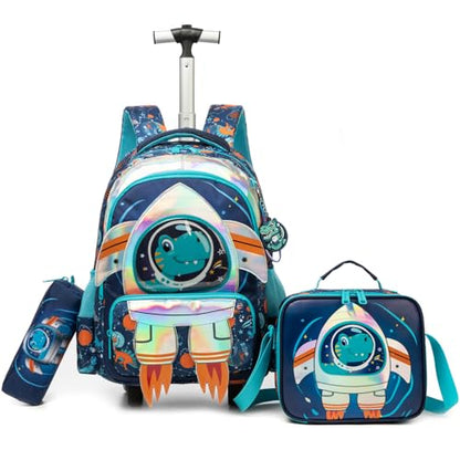 Kids Rolling Backpack for Boys Space Shuttle Trolley Suitcases Luggage with Wheels Bookbag Wheeled 3pcs Preschool Students Elementary Teenagers Lunch Box Pencil Case Blue for Age 5-10 - color: Blue-0201-houjian