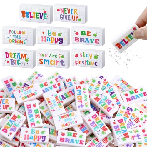 Dunzoom 100 Pcs Back to School Inspirational Pencil Erasers Bulk for Kids Fun Motivational Eraser School Office Supplies for Students Classroom Office Teacher Artists(Lovely) - style: Lovely