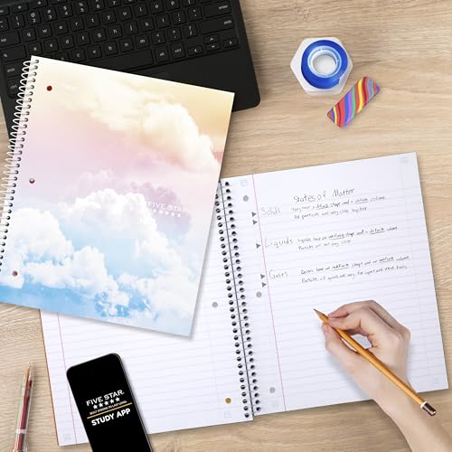 Five Star Spiral Notebook + Study App, 1 Subject, Wide Ruled Paper, 8" x 10-1/2", 80 Sheets, Clouds, 4 Pack (930294F)