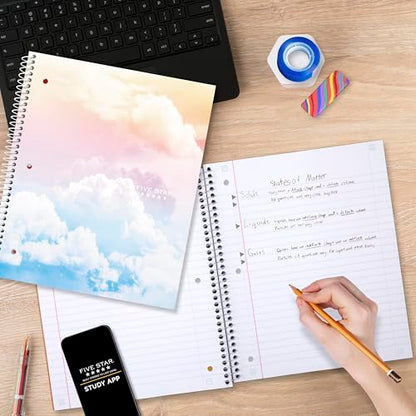 Five Star Spiral Notebook + Study App, 1 Subject, Wide Ruled Paper, 8" x 10-1/2", 80 Sheets, Clouds, 4 Pack (930294F)
