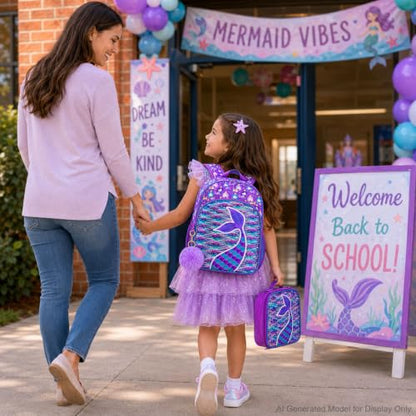 gxtvo 3PCS Girls Backpack, 16" Sequin Prechool Elementary Bookbag and Lunch Box - color: Fish Tail Purple