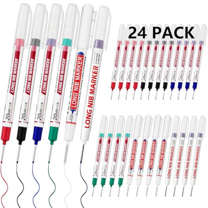 24 PCS Long Nib Marker,20mm Long Head Deep Hole Marker Pens, Longs Nose Markers, Waterproof Construction Markers Marking Tool,Permanent Markers Carpenter Ink marker Pens,Metal marking Pens - color: 24PCS-20MM-Red/Blue/Green/Black/White/Purple
