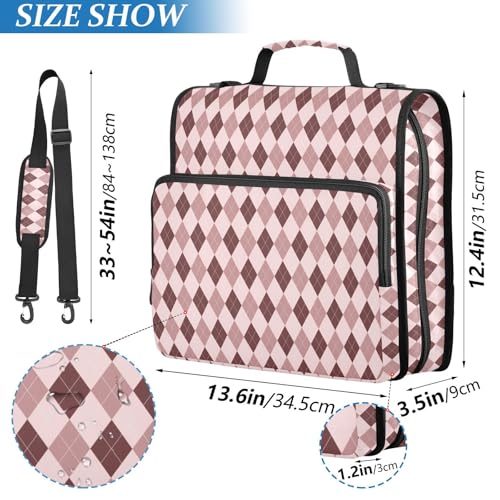 Brown Pink Diamond Checkered Plaid Striped Binder Bag 3 Ring Zipper Binders with Shoulder Strap for School Office Organizer Storage - color: Q010