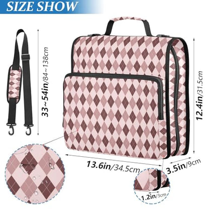 Brown Pink Diamond Checkered Plaid Striped Binder Bag 3 Ring Zipper Binders with Shoulder Strap for School Office Organizer Storage - color: Q010