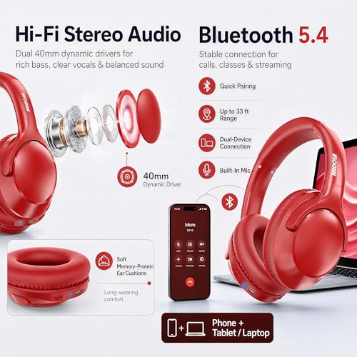 MIDOLA Bluetooth Headphones Over Ear, 68H Playtime Wireless Headphones with Microphone, 6 EQ Modes, HiFi Stereo Deep Bass, Foldable Lightweight Headset for Home Office, Cellphone, PC, Red - color: Red