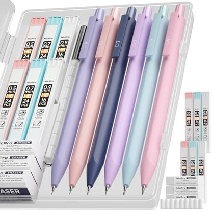 Nicpro 6PCS Pastel Mechanical Pencil Set with Case, Cute Drafting Pencils 0.5 mm & 0.7 mm & 0.9 mm with 6 Tubes HB Lead Refills, Erasers, Eraser Refills, Aesthetic School Supplies for Girls Writing - style: 0.5mm + 0.7mm + 0.9mm