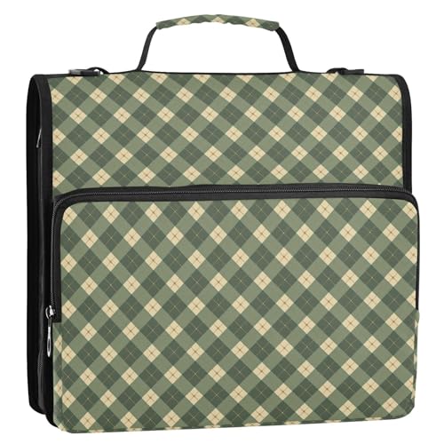 Olive Green Zipper Binder 3 Ring Binder with Zipper 1.5 Inch Shoulder Strap & Handle Binders Organizer Bag Gingham - color: Olive Green