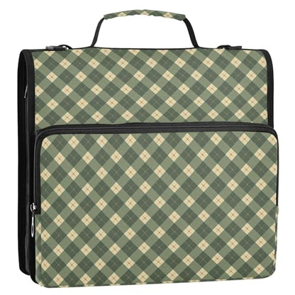 Olive Green Zipper Binder 3 Ring Binder with Zipper 1.5 Inch Shoulder Strap & Handle Binders Organizer Bag Gingham - color: Olive Green