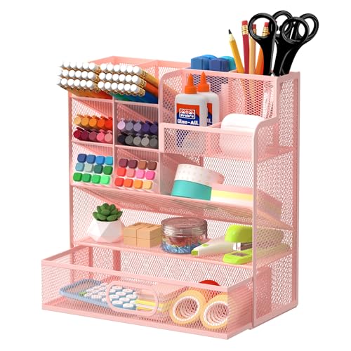 Pen Organizer for Desk - Multi-Functional Pencil Holder with Drawer Desk Organizers, Large Capacity Storage for School Office Home Supplies (Pink) - color: Pink