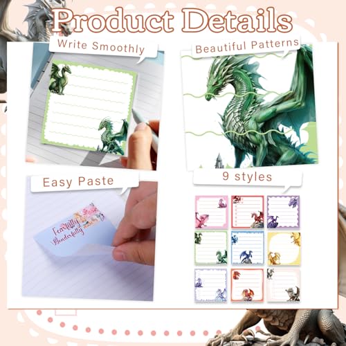 Dragon Sticky Notes Gifts - 9 Pack Dragon Notepads 3x3 Inch Gifts for Students Coworkers, Funny Animals Self-Adhesive Memo Pads Office School Supplies for Men Women (450 Sheets) - style: Dragon