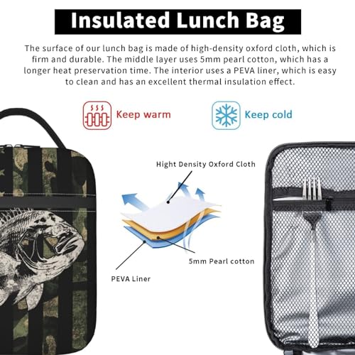 Fishing Camouflage American Flag Bass Lunch Box, Portable Insulated Lunch Bag with Detachable Handle,Reusable Lunchbox for Boys Girls Men Women Adults - color: Fishing Camouflage