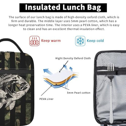 Fishing Camouflage American Flag Bass Lunch Box, Portable Insulated Lunch Bag with Detachable Handle,Reusable Lunchbox for Boys Girls Men Women Adults - color: Fishing Camouflage