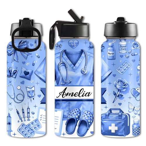 Custom Nurse Water Bottle Personalized Stainless Steel Insulated with Lid 18/32oz Customized Name Nurse Gifts for Women Nurses Nursing Graduation Nurse Week Birthday Healthcare Worker - color: Design-1