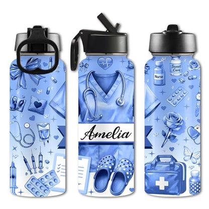 Custom Nurse Water Bottle Personalized Stainless Steel Insulated with Lid 18/32oz Customized Name Nurse Gifts for Women Nurses Nursing Graduation Nurse Week Birthday Healthcare Worker - color: Design-1