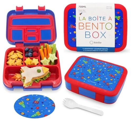 Kinsho Bento Lunch Box for Kids Toddlers, 5 Portion Control Sections, BPA Free Removable Plastic Tray, Pre-School Kid Toddler Daycare Lunches, Snack Container Ages 3 to 7 (Blue Space Rockets) - color: Blue Red Rocket Bento