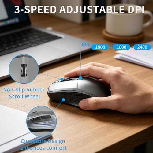 Small Wireless Ergonomic Computer Mouse for Laptop PC Desktop Chromebook | Silent Cordless Mice with Side Buttons, USB Receiver, 1000/1600/2400 DPI, Quiet Click, for Small to Medium-Sized Hands - Grey