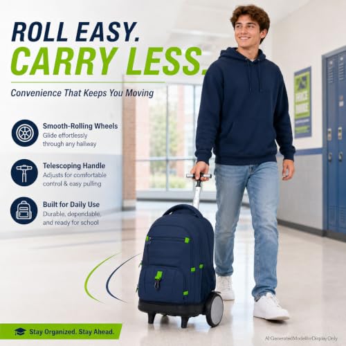 CCJPX 3Pcs Men & Boys Rolling Backpack with Bigger Wheels, Extra-Large Wheeled Bookbag with Lunch Box, Water Resistant Roller Luggage for Travel, Work, College (Blue) - color: Blue(upgrade Large Wheel)