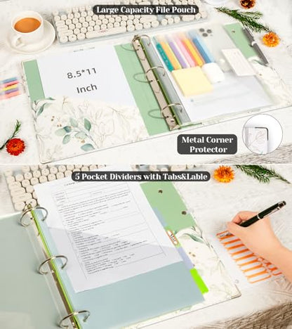 3 Ring Binder 2 Inch, Three Ring Binders Organizer with Clipboard, 5-Tabs Pockets Dividers, Plastic Folder, 18 Divider Stikers, KLLVE Cute Binder with Pen Loop (Leaves, Letter Size) - color: Leaves, size: 2in（Letter Size）