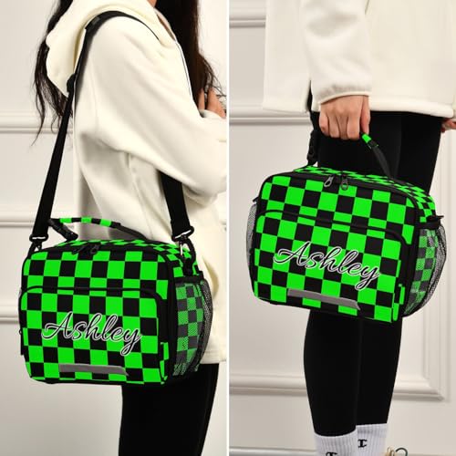 Custom Student Lunch Bag for Boys Girls Green Black Checkerboard Personalized Lunch Box With Name Insulated Cooler Bag for School Picnic Travel - color: Multi18
