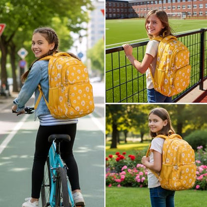 Glodwheat Daisy Printed Backpack For Girls- 3Pc Set With Lunch Box & Pencil Case, Lightweight Water-Resistant Bookbag For Elementary School - color: Lemon