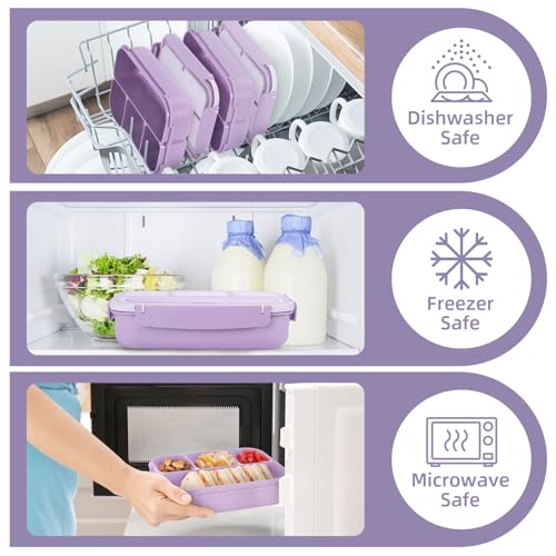 QQKO Bento Box Adult Lunch Box, Lunch Containers for Adults Men Women, Kids Lunch Boxes for School with 4 Compartments, Sauce Container, Utensils and Muffin Cups, Purple - color: Lavender