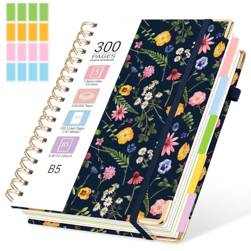 Hardcover Spiral Journal Notebook, 300 Pages 5 Subject Notebook College Ruled with Removable Dividers Tabs, 8" x 10" Notebooks for Work, Spiral Ruled Lined Writing Journal Hardcover Leather Notebook for School (Navy Blue Floral, 8''x 10'') - color: Navy B