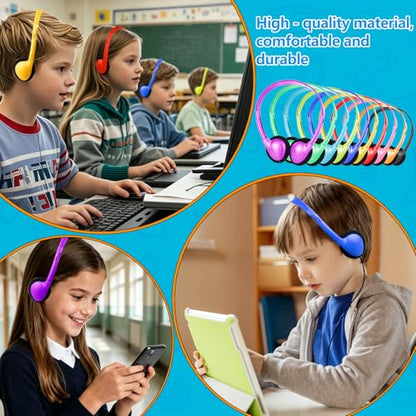 Classroom Headphones Bulk 10 Pack, Wired 3.5mm Jack, Mixed Colors | School Headphones for Kids Students Teens Adults. On Ear Headphones for Laptop Chromebook. Testing Online Learning