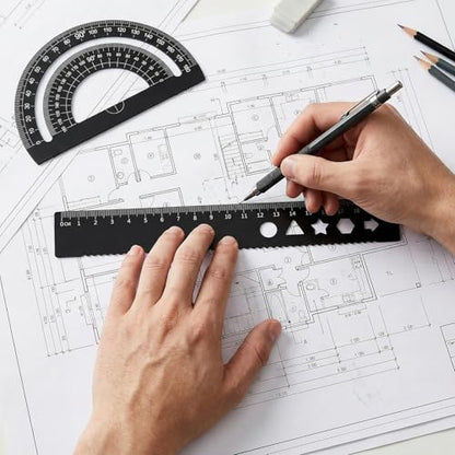 5Pcs Metal Geometry Set, Metal Ruler Set with Protractors, Triangle Rulers, Rulers, Compass for Math, School, Office (Black)