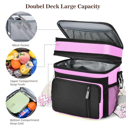 LOKASS Lunch Box & Lunch Bag for Women Men Double Deck, Large Insulated Adult Lunch Box Leakproof Lunchbox Cooler Bag for Work Picnic Beach,（Pink&Black 16L） - color: Pink 2