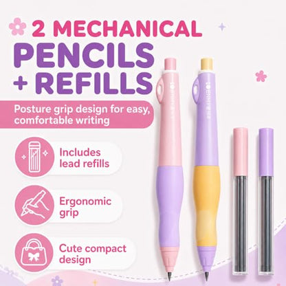 Small Cute Pink Standing Pencil Case with Supplies for Girls,Stand up Aesthetic Pouch,Pop up Bag Kawaii Kids Trendy School Stationery Set for Teens & Tweens,Back to School Gifts & College Essentials