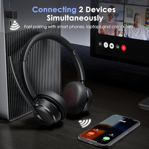 Mopchnic Wireless Headset with Noise Cancelling Microphone, On-Ear Bluetooth Headset with USB Dongle, Mute Function & Charging Base, Wireless Headphones for Work from Home and Call Center (Black) - color: Black