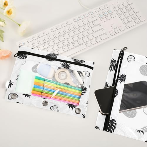 Blueangle Tropical Pineapple Leaf Pencil Pouch for 3 Ring Binder, 2 Pack Clear Window Zipper Pencil Bags for Office