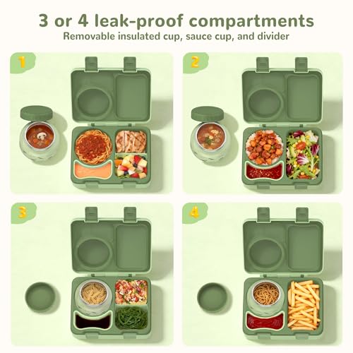 Kids Lunch Box with Thermo, Leakproof Bento Box for Kids with 8OZ Insulated Food Jar, Ice Pack, Sauce Cup, Utensils, Removable Tray & Dividers for School Daycare Travel (Dinosaurs) - color: Dinosaurs