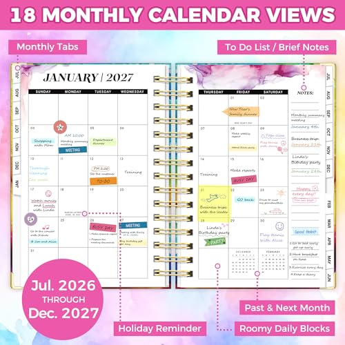 Academic Planner 2026-2027, 18 Months Weekly & Monthly Calendar Planner | July 2026 - Dec 2027, 6.6" x 8.3 A5 Size, Hardcover Daily Agenda with Tabs, Inner Pocket, Bookmark, Stickers, Sticky Note Set - color: Rainbow Rose, size: A5