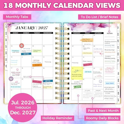 Academic Planner 2026-2027, 18 Months Weekly & Monthly Calendar Planner | July 2026 - Dec 2027, 6.6" x 8.3 A5 Size, Hardcover Daily Agenda with Tabs, Inner Pocket, Bookmark, Stickers, Sticky Note Set - color: Rainbow Rose, size: A5