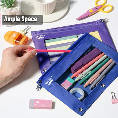 Mr. Pen- Pencil Pouch for 3 Ring Binder, 2 Pack, 10"x6.75", Smooth Zipper | Clear Window, Large Capacity Pencil Case with 3 Reinforced Grommets for School, Office, Supplies Storage | Clear Window, Large Capacity Pencil Case with 3 Reinforced Grommets for