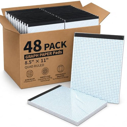 48 Pack Graph Paper Pad 8.5 x 11, 4x4 Graph Ruled, Grid Paper Pad 8-1/2" x 11", Blueprint Quadrille Pad, Easy Tears Off, Cardboard Backing - Grid Pad Notebook, White 80 GSM Graph Paper, 30 Sheets/Pad - size: 8.5x11inch