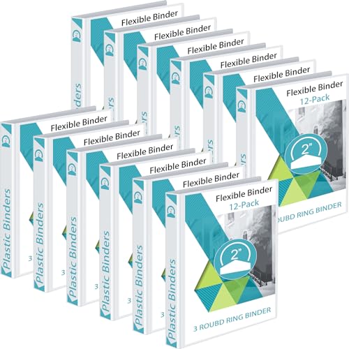 Fulmoon 12 Pcs Economy View 3 Ring Plastic Binder 12.2 x 9.8 Inch Plastic Round Ring Binders with Pockets Notebinder for Meetings for Home, Office, School(White, 2 Inch) - color: White, size: 2 Inch