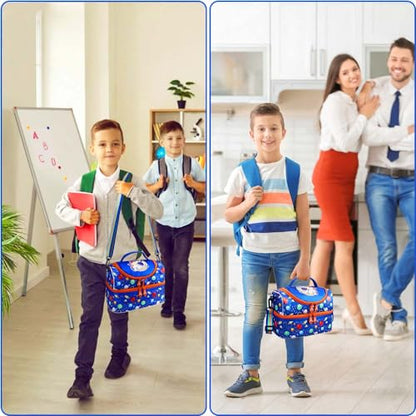 RHCPFOVR Kids Lunch Bag - Double - Decker Cooler Insulated Lunch Box for Boys Girls,Washable Lunch Bag with Strap and Reusable Toddler Lunchbox for School and Daycare - color: Royal Blue Space