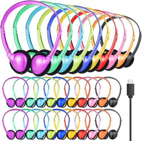 50 Pack USB Type C Classroom Headphones Bulk,Wired On Ear | USB C Bulk Headphones for Kids Students Teens,Work with Chromebook Laptop Phone Tablet Laptop Multi Colors - color: Mixed Colors, size: 50 Pack